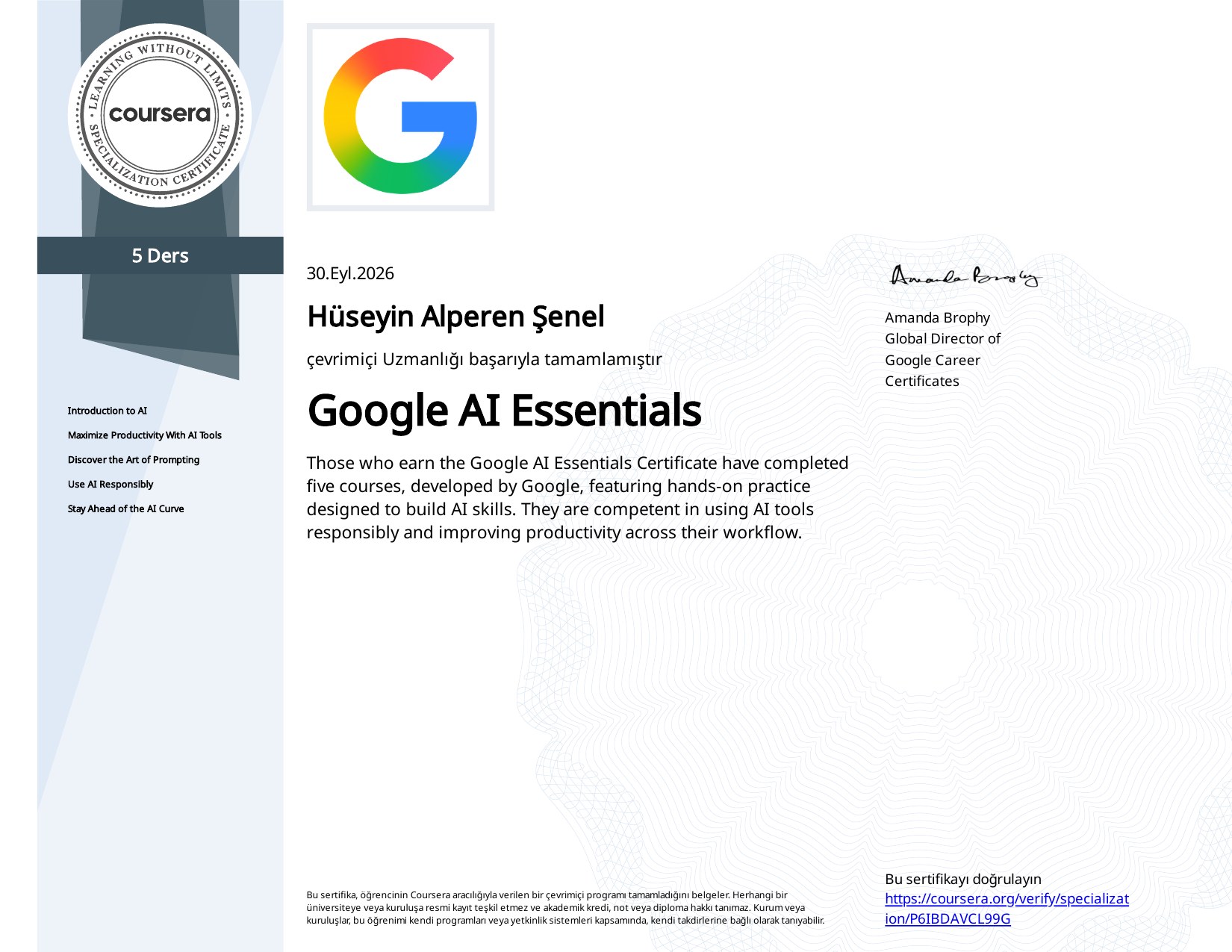Google AI Essentials Coursera sertifikası