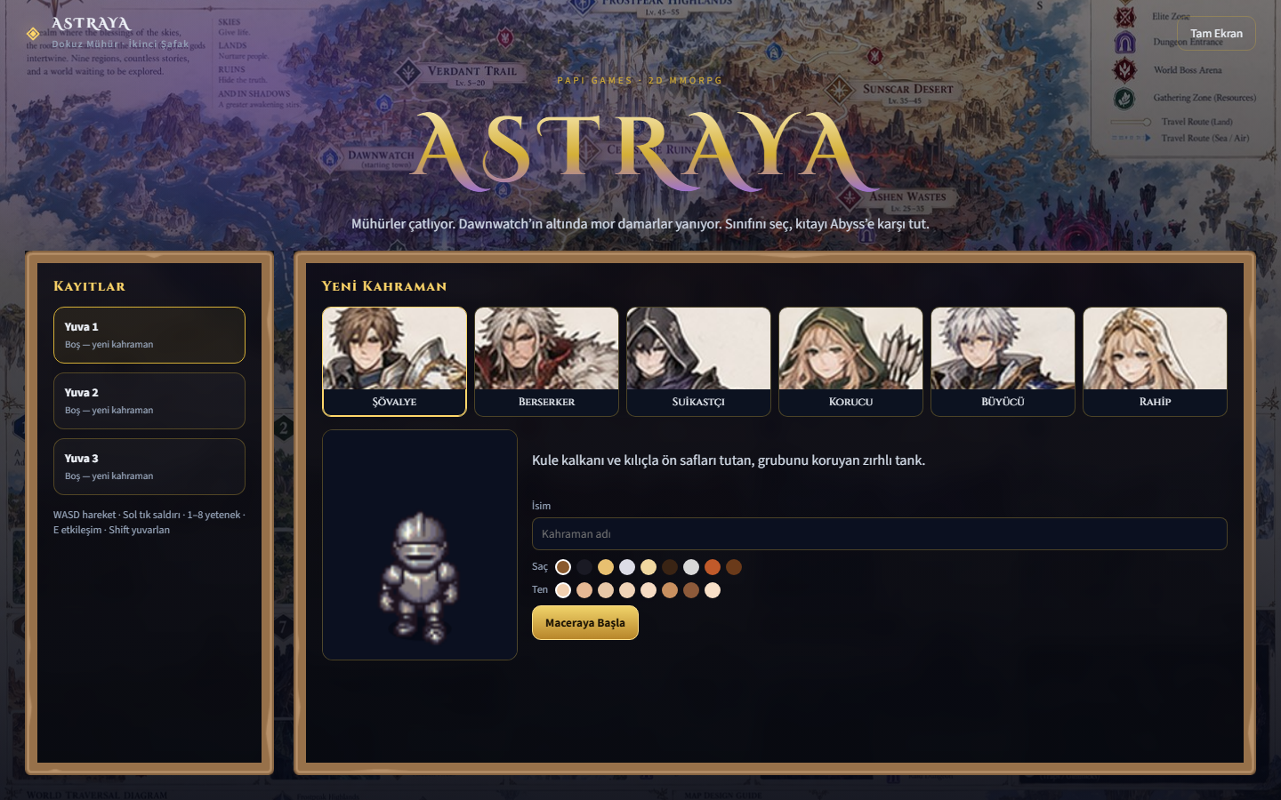 ASTRAYA 2D MMORPG karakter oluşturma ekranı