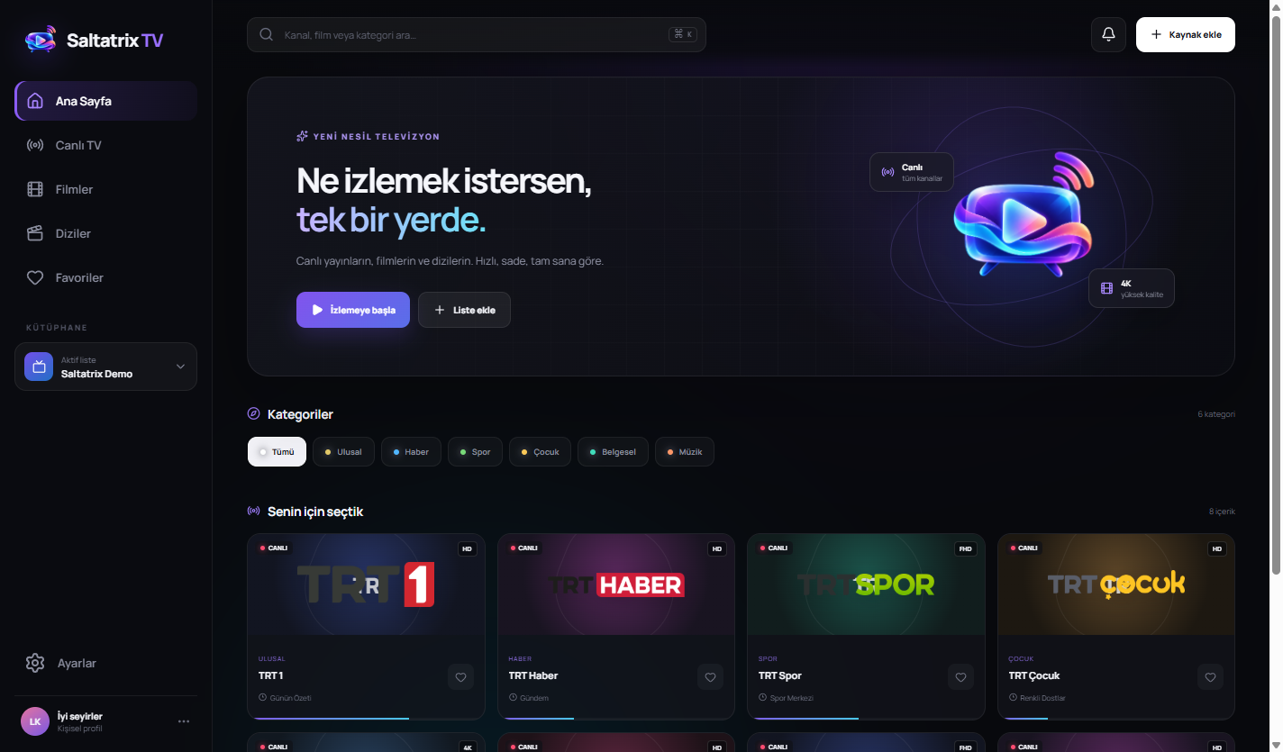 Saltatrix TV modern IPTV oynatıcı arayüzü